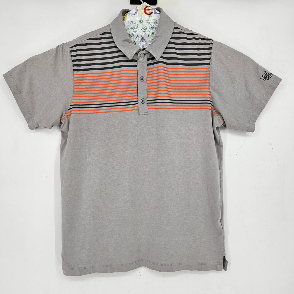 Mountain Hardwear Shirt Mens Medium Polo Short‎ Sleeve Gray Striped FLAWS